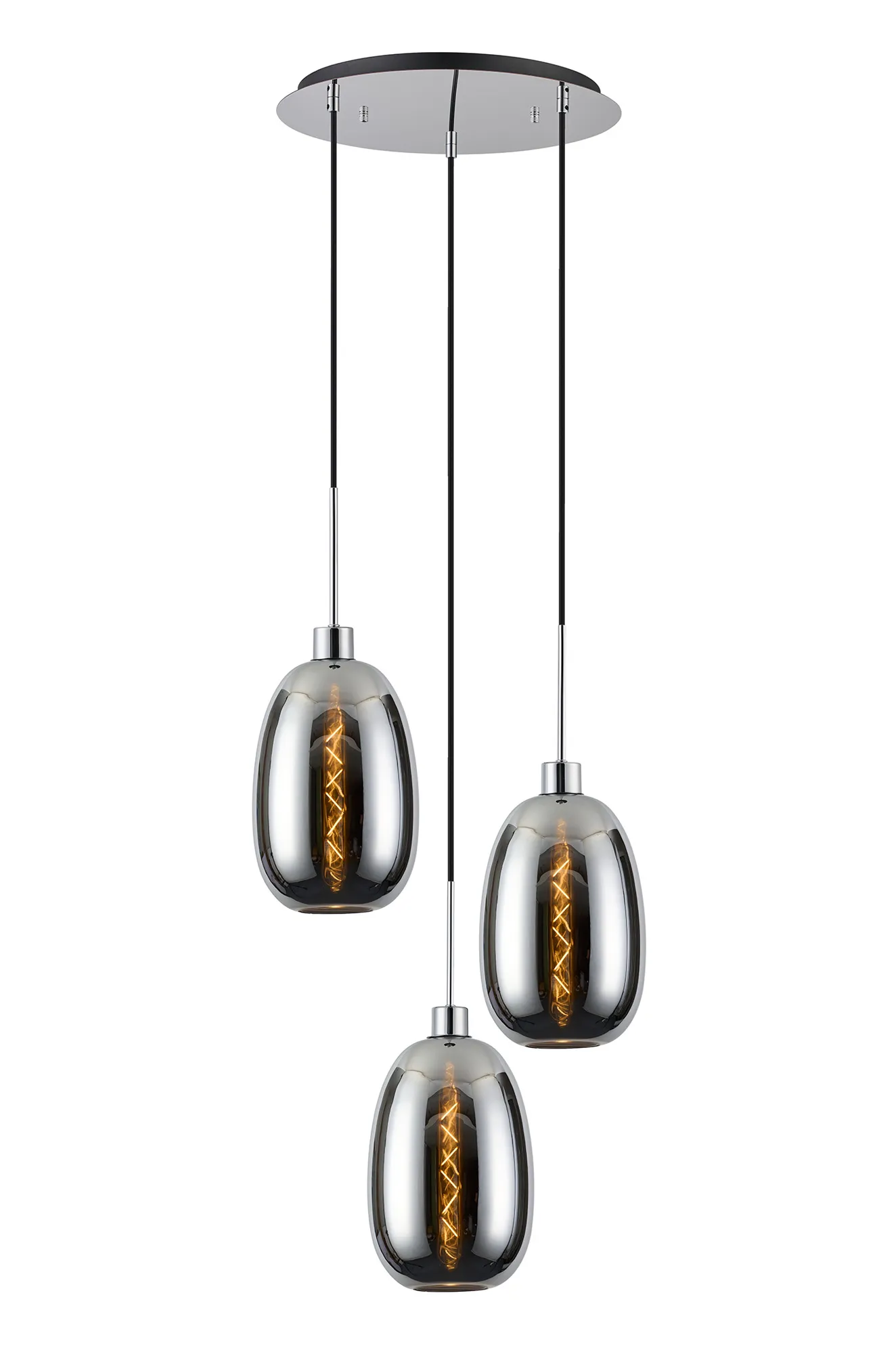 Lori 40cm Round Pendant, 3 Light Adjustable E27, Polished Chrome/Chrome Slim Curved Trapezium Shades DK1268  Deco Lori Polished Chrome